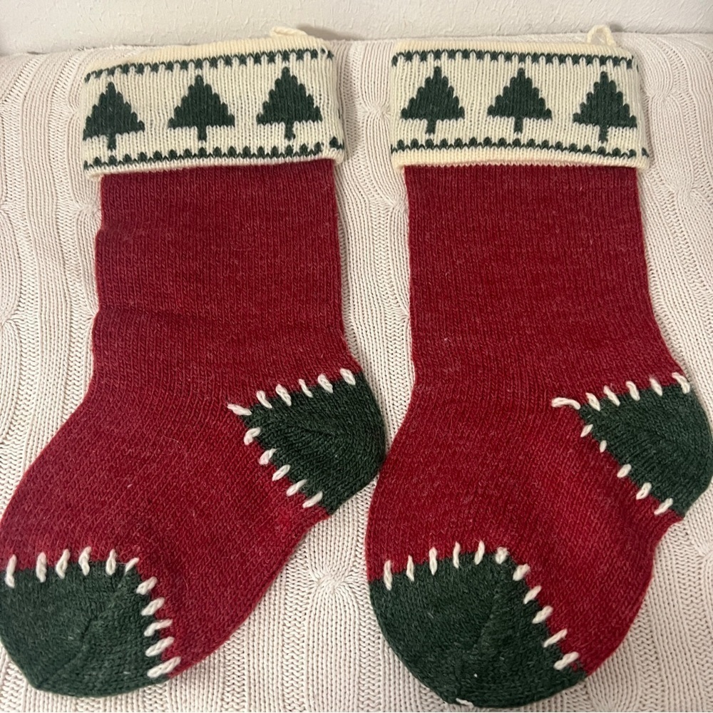 Vintage Christmas Wool Blend Knit Pair Stocking Country Forest Green Red Ivory